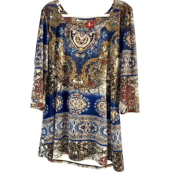 From The Heart Top/Tunic Womens Size L Blue Multicolored 3/4 Sleeves Lined Round - Picture 1 of 6